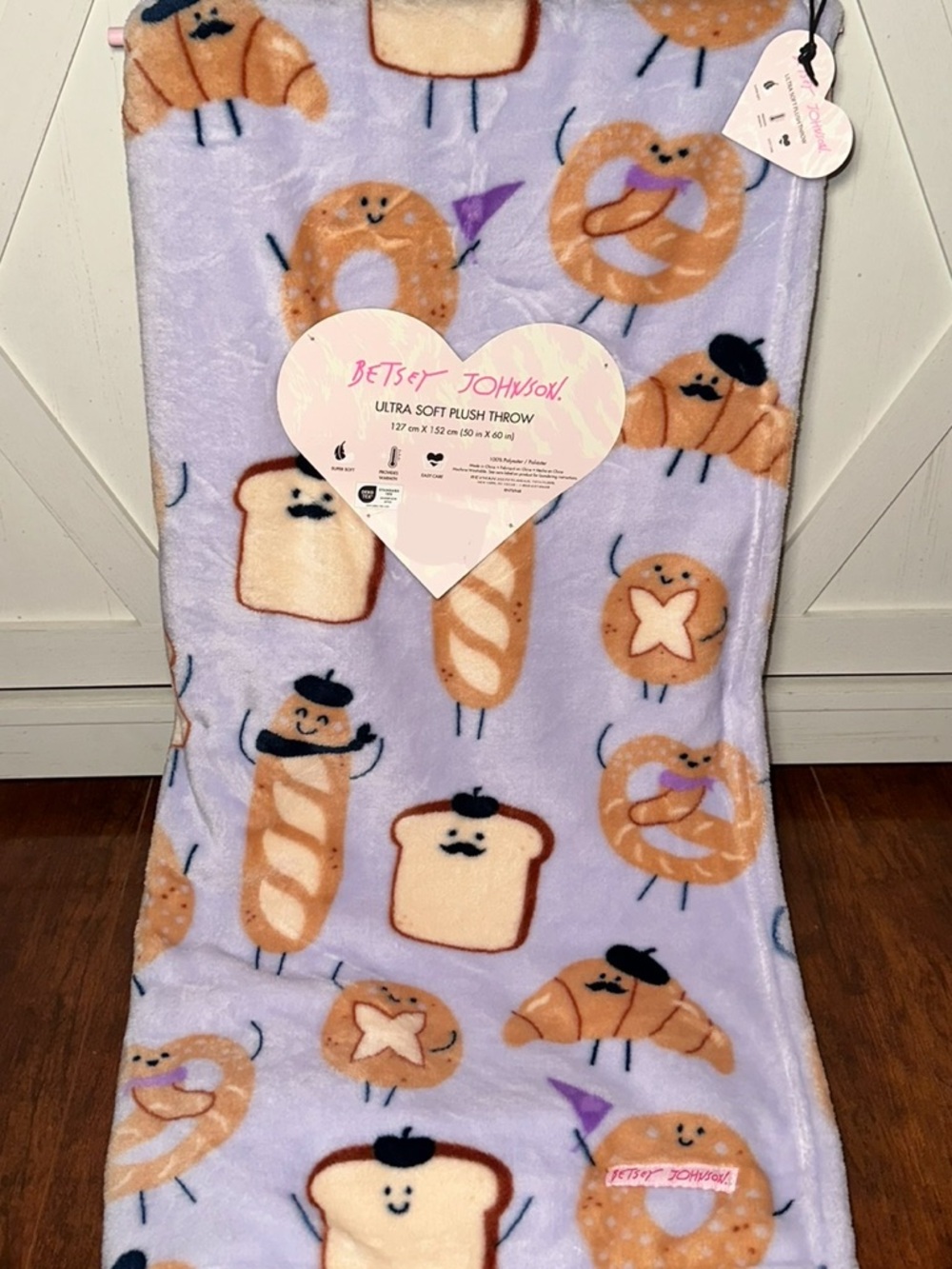 Betsey Johnson Lilac Bakery Bread Plush Throw Blanket